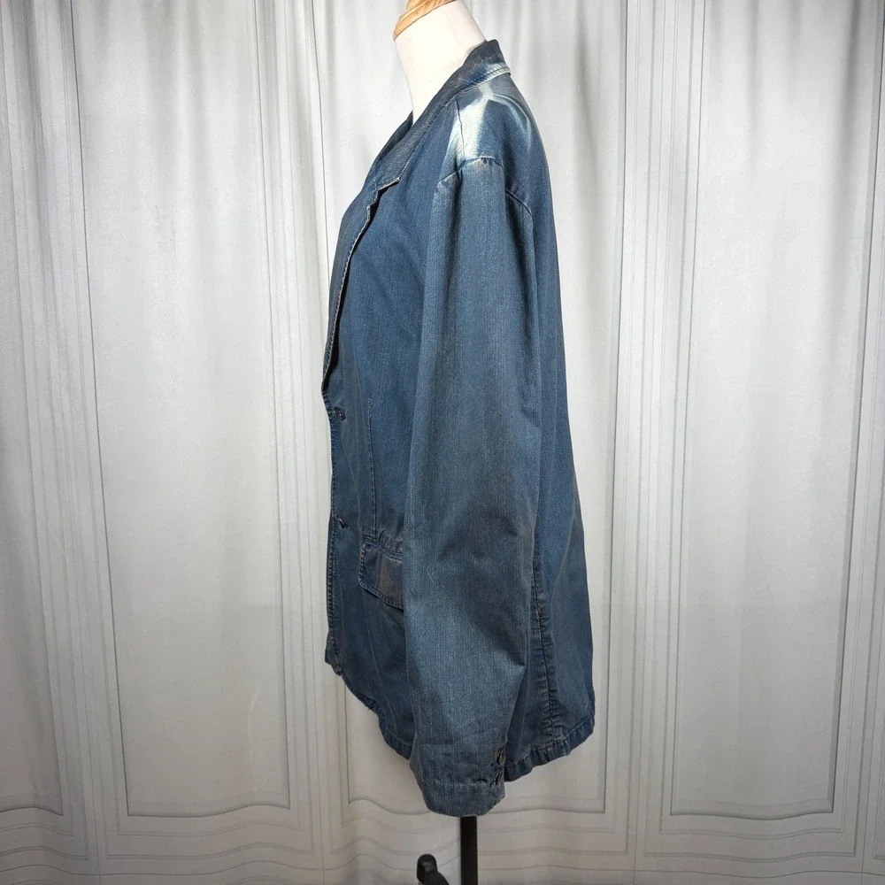 Vintage GAP Denim Blazer Jacket L Dirty Wash Y2K 2000s 100% Cotton Flap Pockets